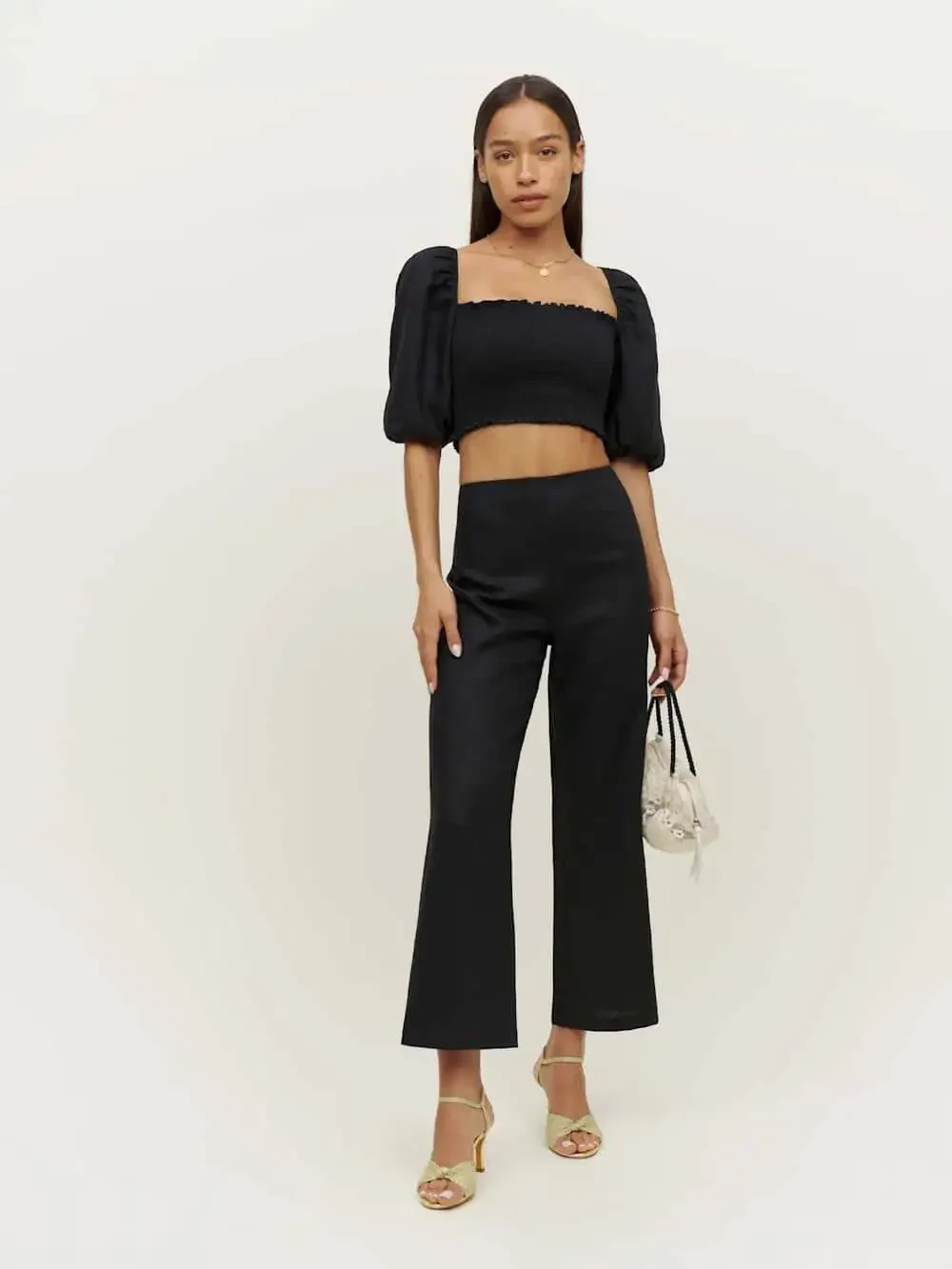Reformation Scarlett Linen Smocked Puff Sleeve Crop Top Black Size 12